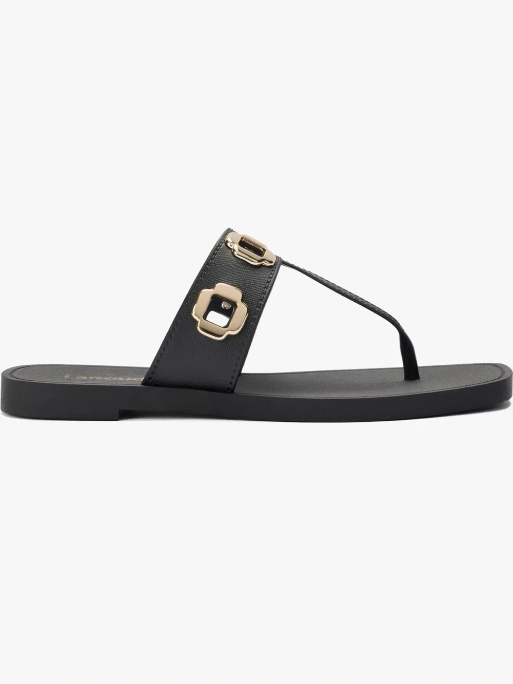 EUC LARROUDE Milan Grommet Synthetic Thong Flip Flop Sandal 37/38 6/7 Black/Gold